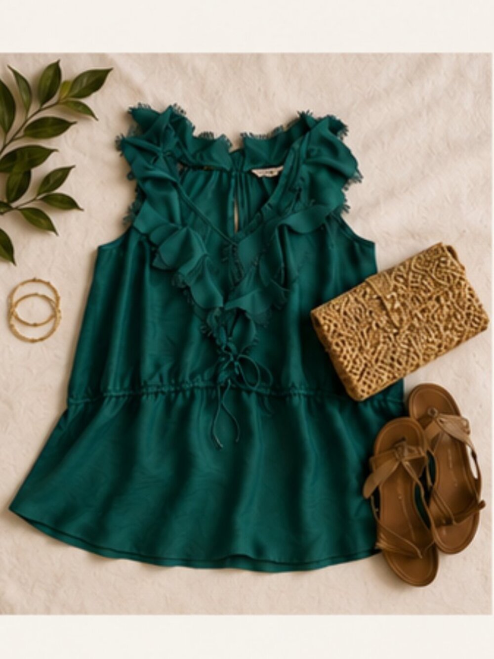 NWOT Rebecca Taylor Capri Dinner Emerald Ruffle Shell Top Coastal Luxe 10
